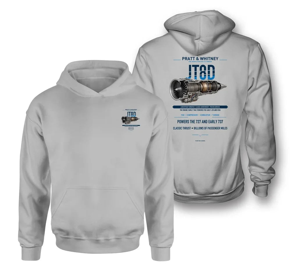 JT8D design on light gray hoodie