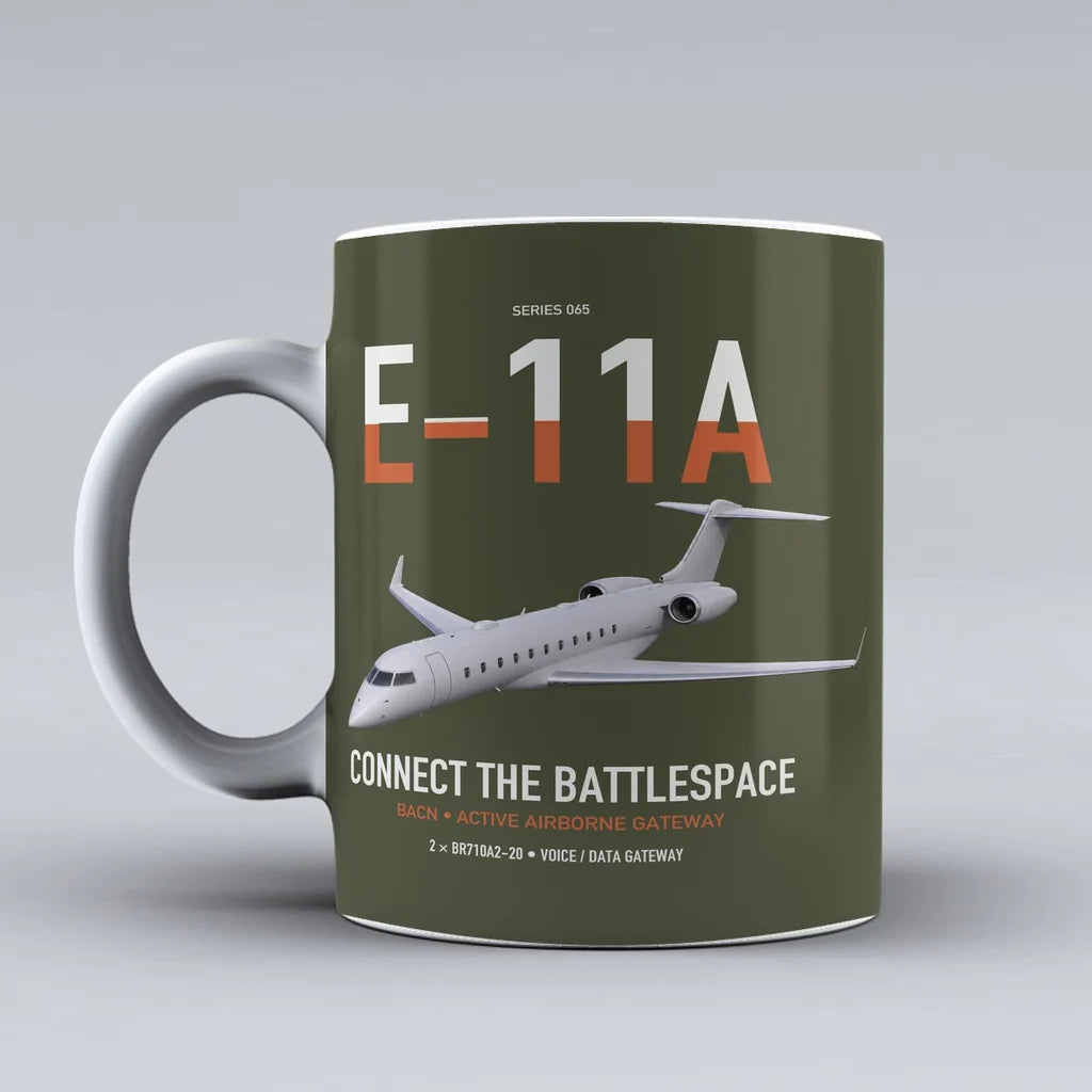 E-11A BACN design on green army ceramic mug, double-side print