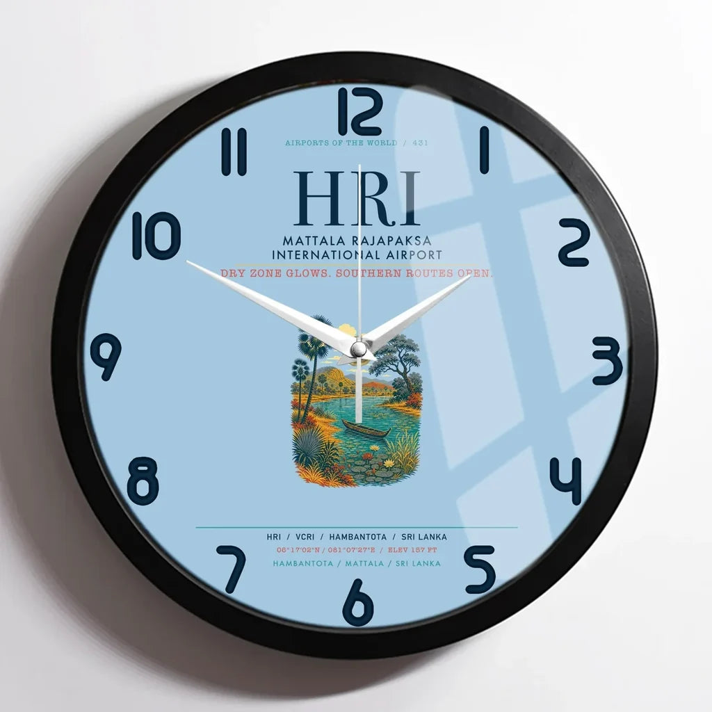 Mattala Rajapaksa International Airport (HRI) design on light blue framed wall clock