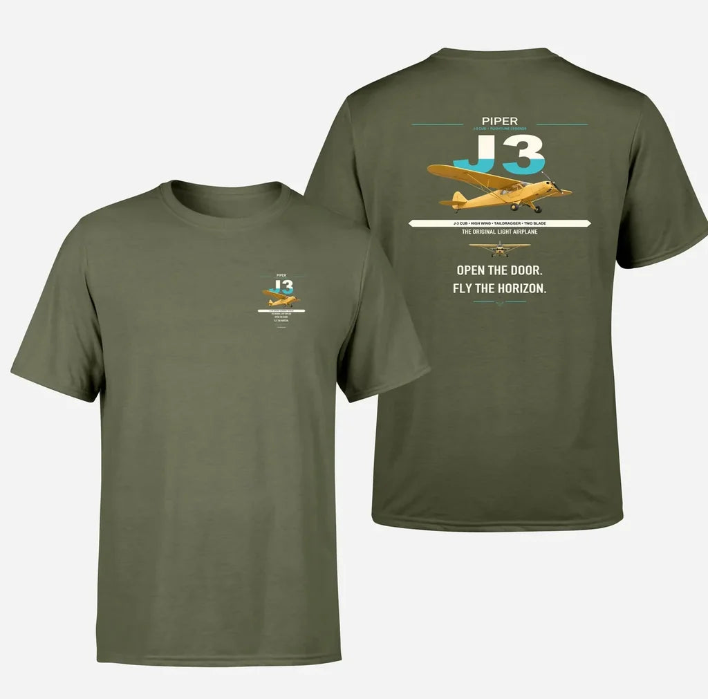 Piper J-3 Cub design on green army t-shirt, double-side print