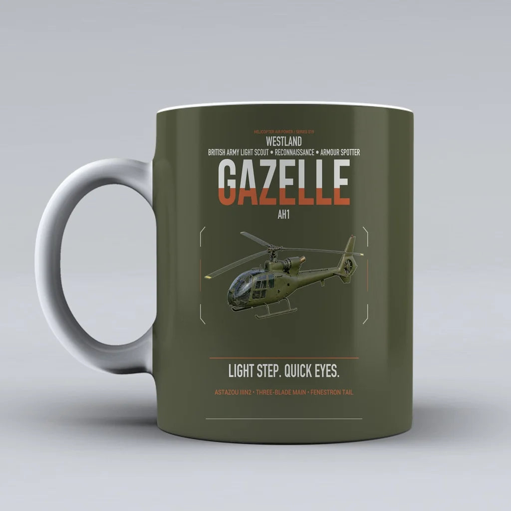 Westland Gazelle AH1 design on green army ceramic mug, double-side print