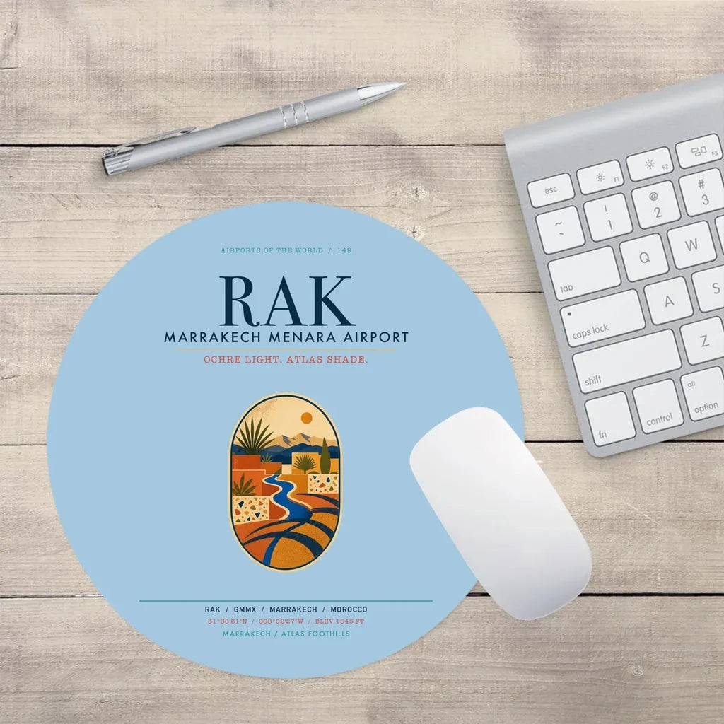 Marrakech Menara Airport (RAK) design on light blue round mouse pad