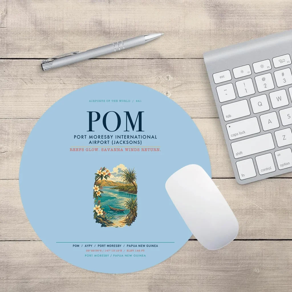 Port Moresby International Airport (POM) design on light blue round mouse pad