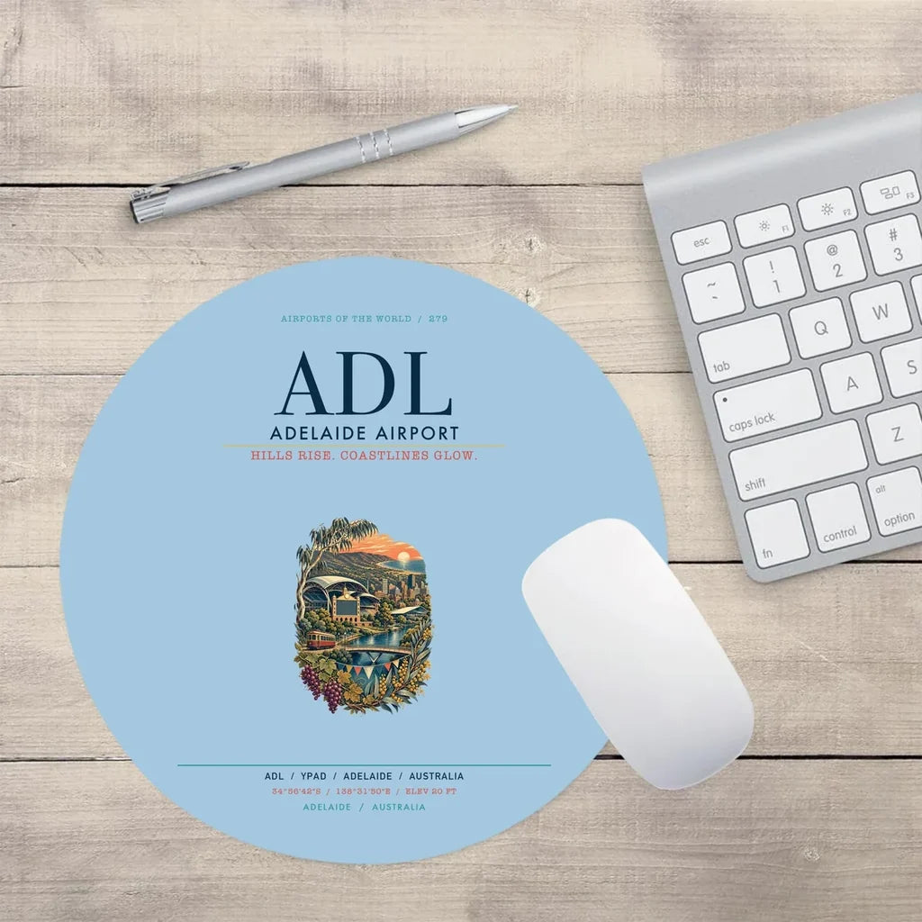 Adelaide Airport (ADL) design on light blue round mouse pad