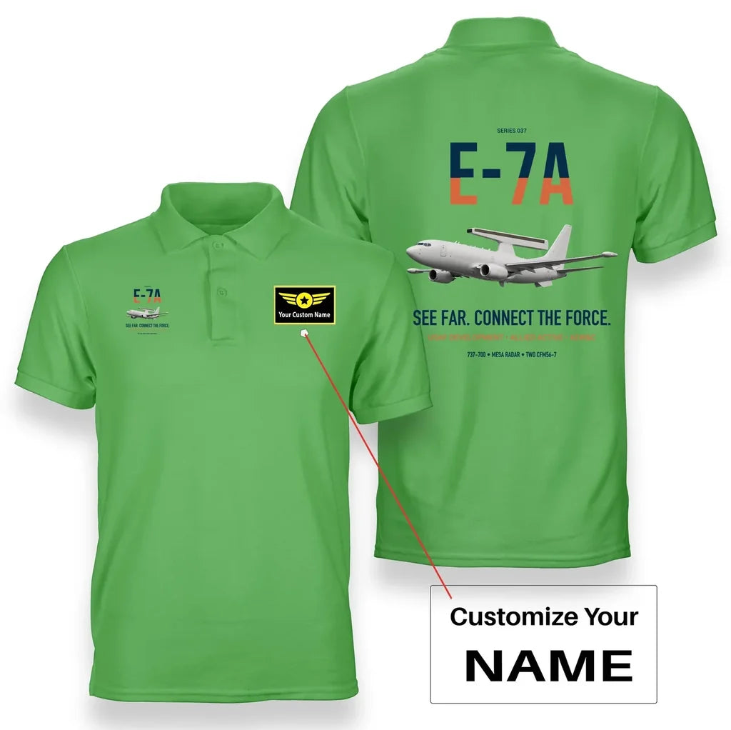 E-7A Wedgetail design on light green+name double-side polo t-shirt, double-side print