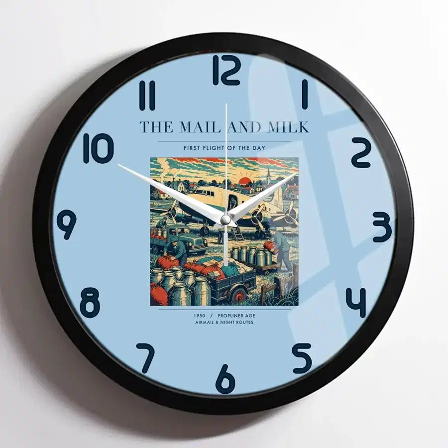 VINTAGE G4098 - The Mail And Milk - Designed Wall Clocks design on lightblue framed