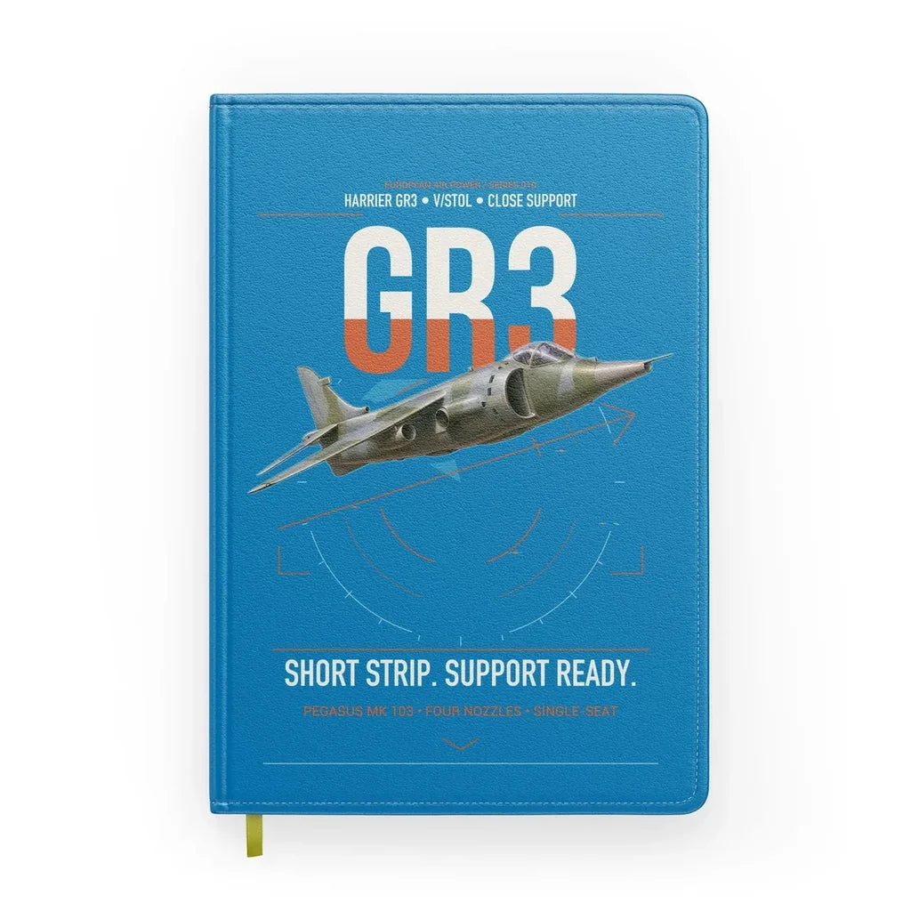 Hawker Siddeley Harrier GR3 design on turquoise notebook