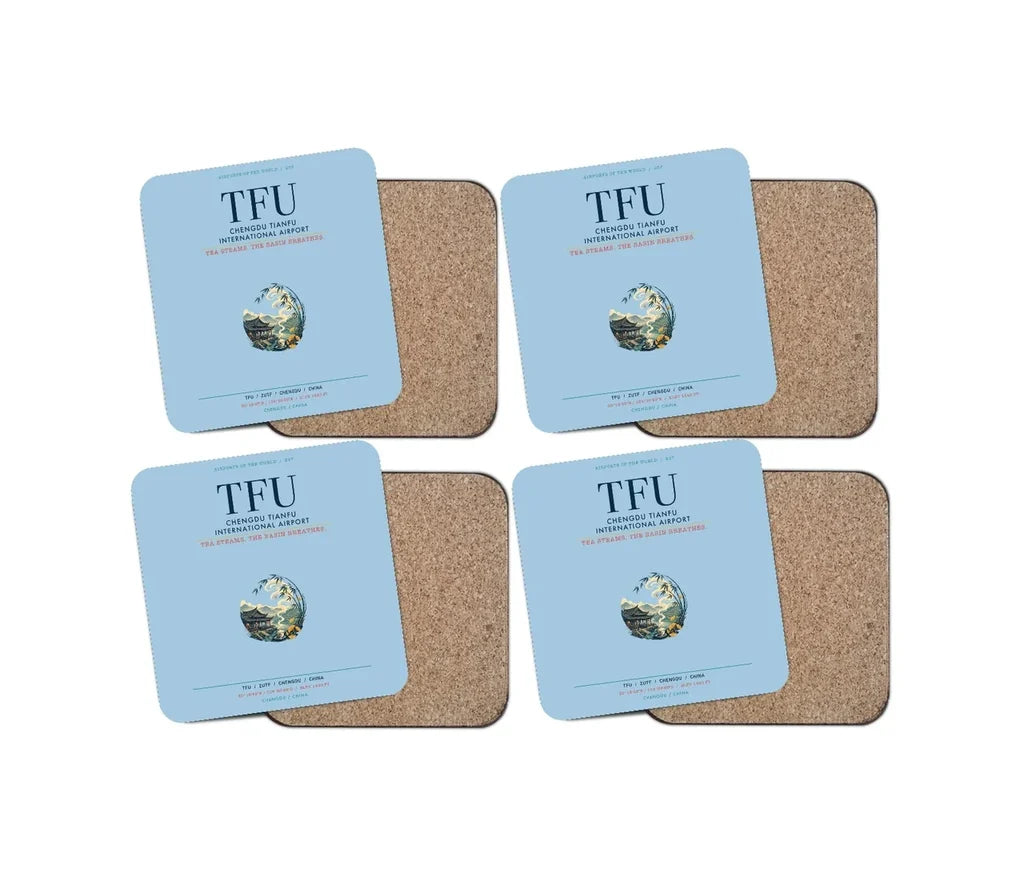 Chengdu Tianfu International Airport (TFU) design on light blue 4 pieces set coaster