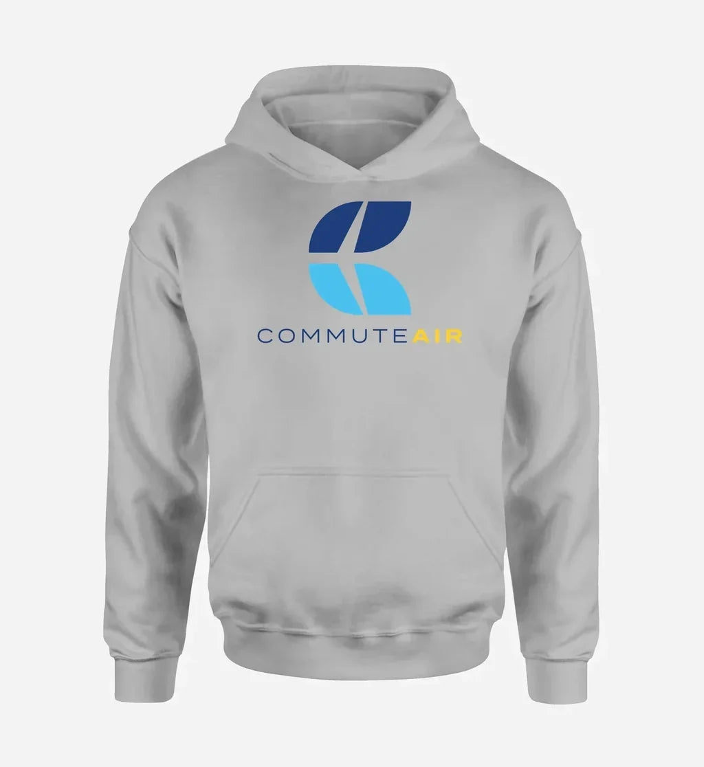 CommuteAir logo printed on light gray hoodie