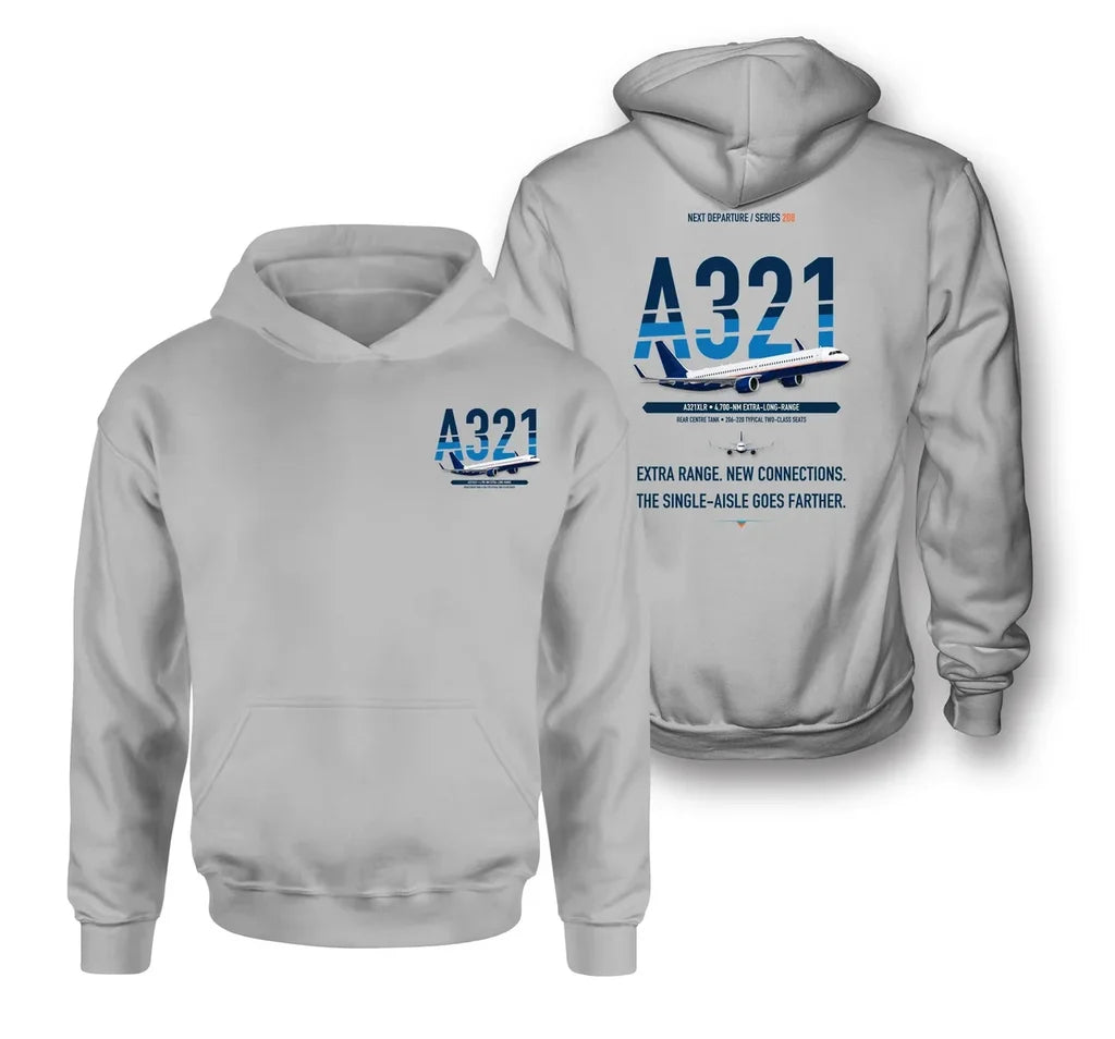 Airbus A321XLR design on light gray hoodie