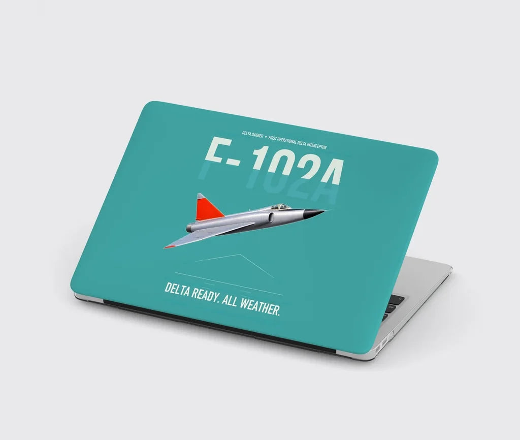 F-102A Delta Dagger design on turquoise MacBook case