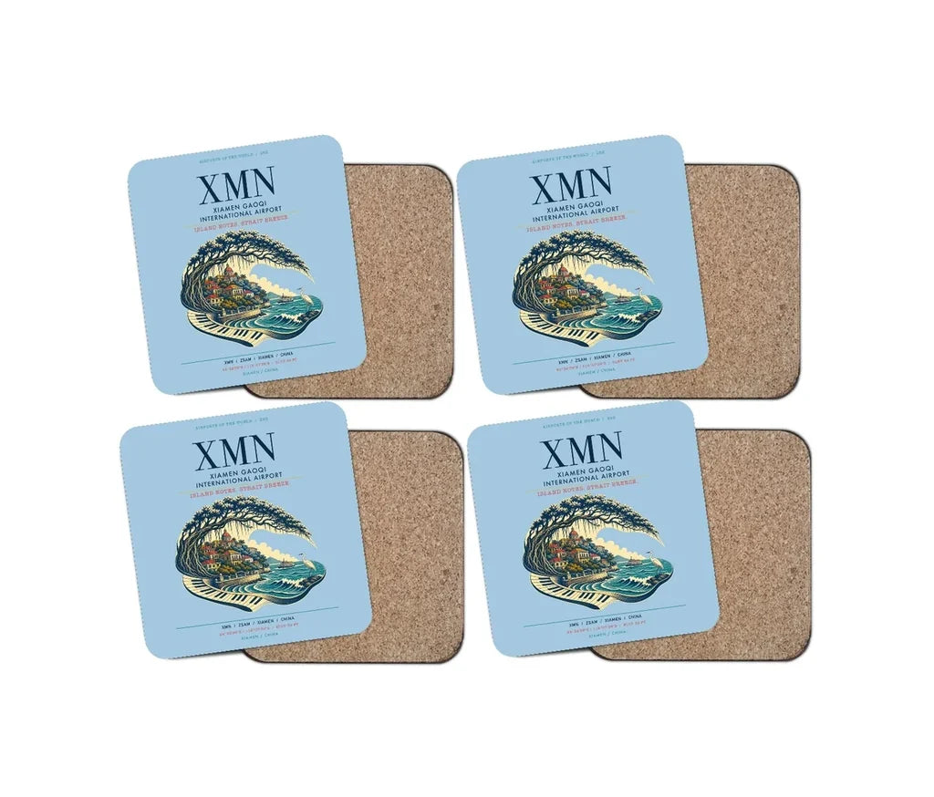 Xiamen Gaoqi International Airport (XMN) design on light blue 4 pieces set coaster