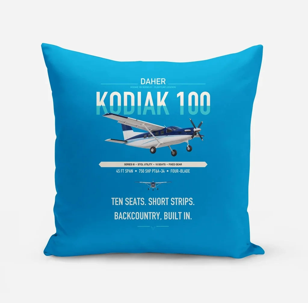 Daher Kodiak 100 Series III design on turquoise pillow