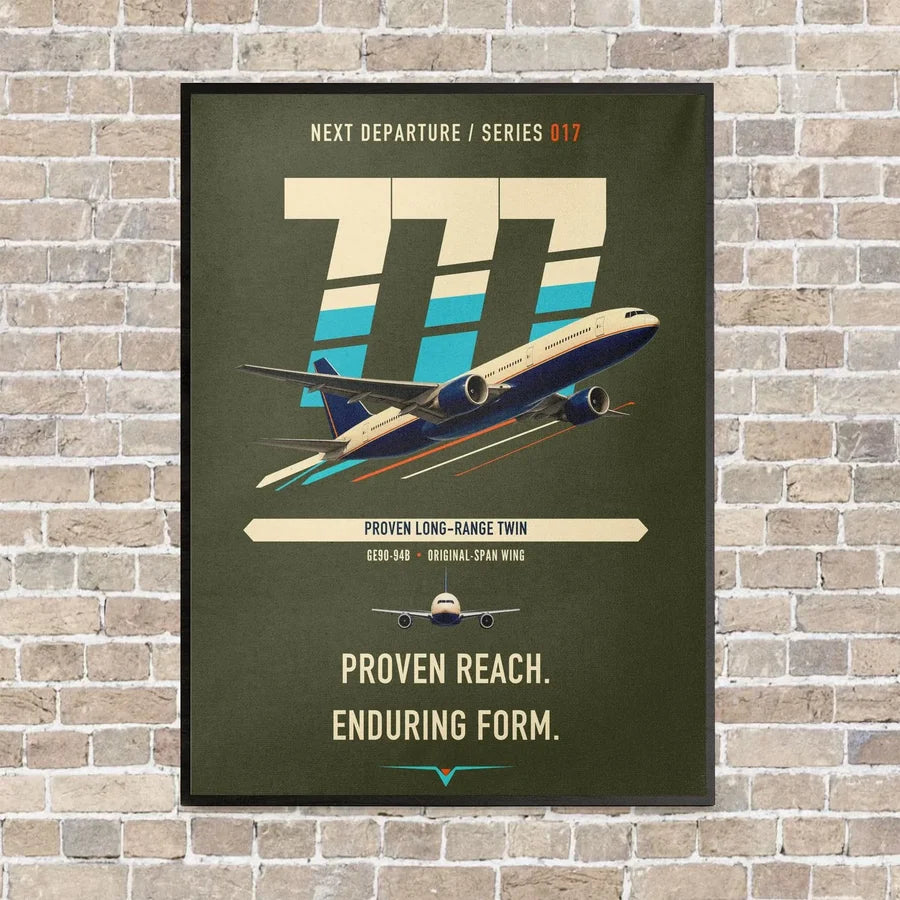 Boeing 777-200ER vertical canvas print - framed - green army background
