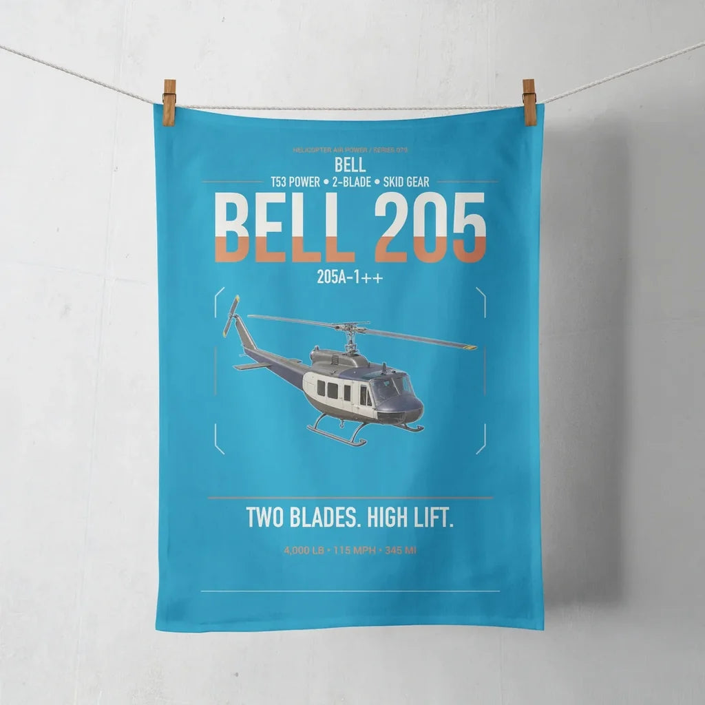 Bell 205A-1++ design on turquoise towel
