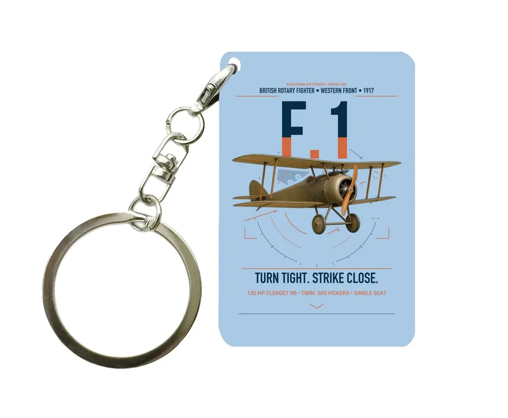 Sopwith Camel F.1 design on light blue designed key chain, double-side print