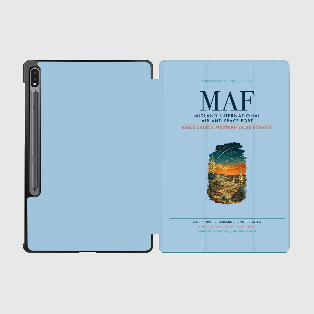 Midland International Air and Space Port (MAF) design on light blue samsung tablet tablet case