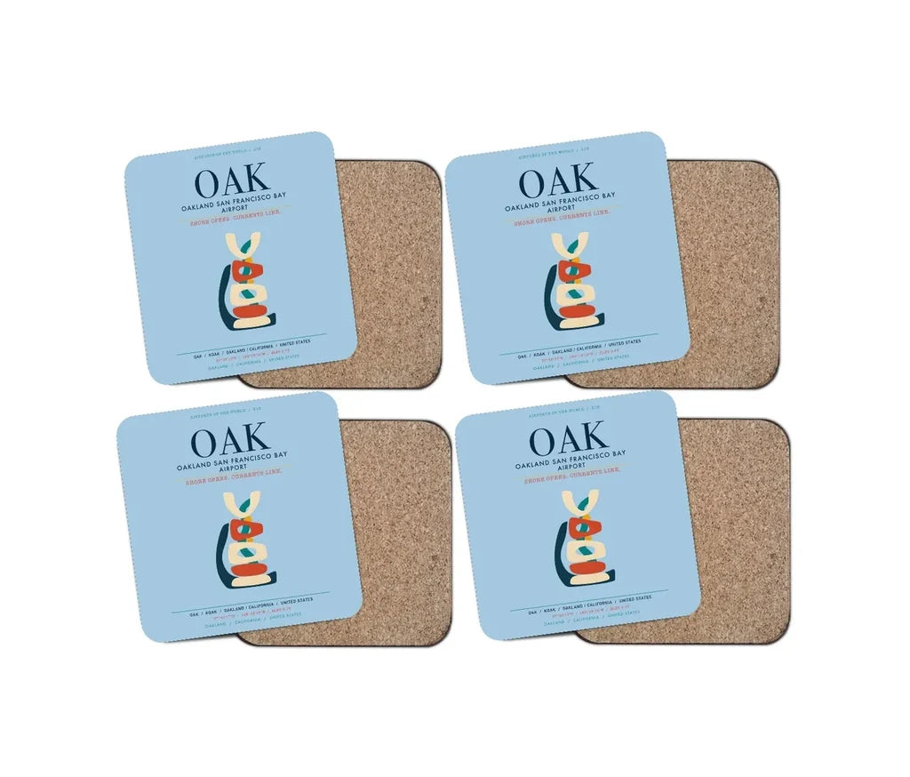 Oakland San Francisco Bay Airport (OAK) design on light blue 4 pieces set coaster