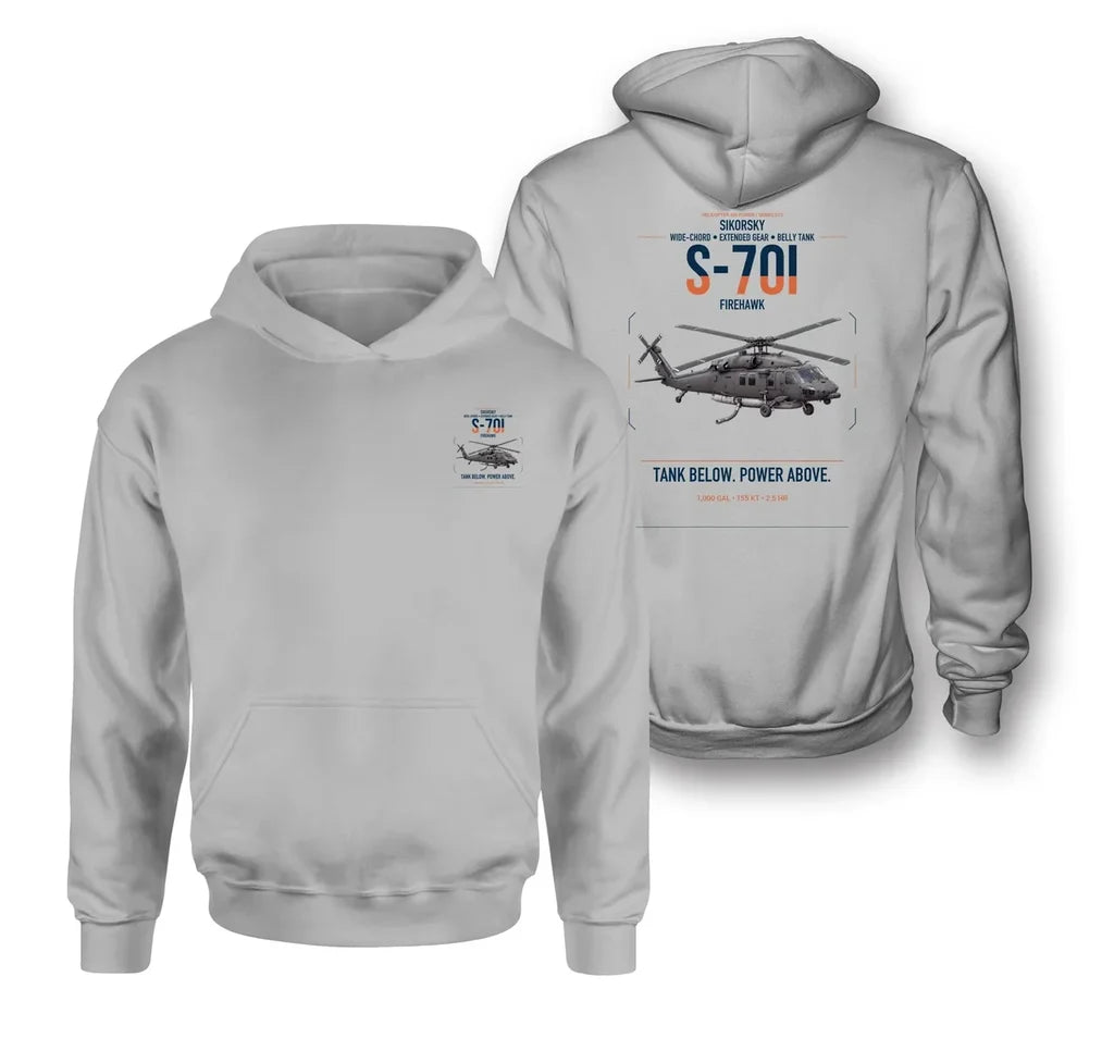 Sikorsky S-70i FIREHAWK design on light gray double-side hoodie, double-side print
