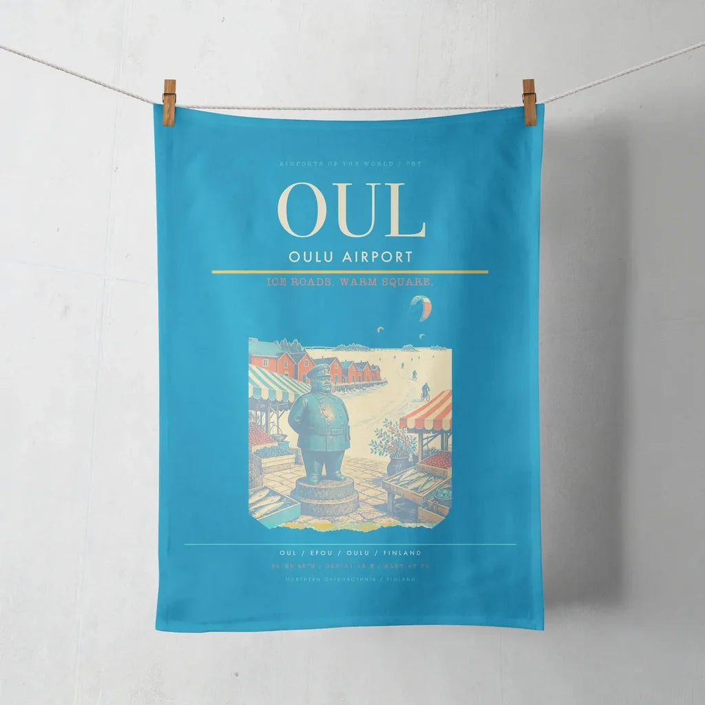 Oulu Airport (OUL) design on turquoise towel