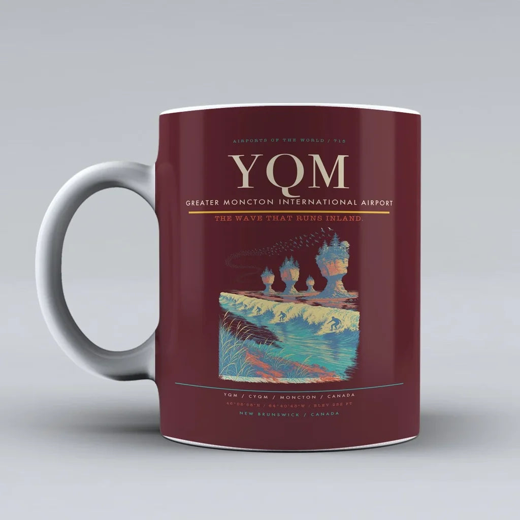 Greater Moncton International Airport (YQM) airport code design on dark red ceramic mug