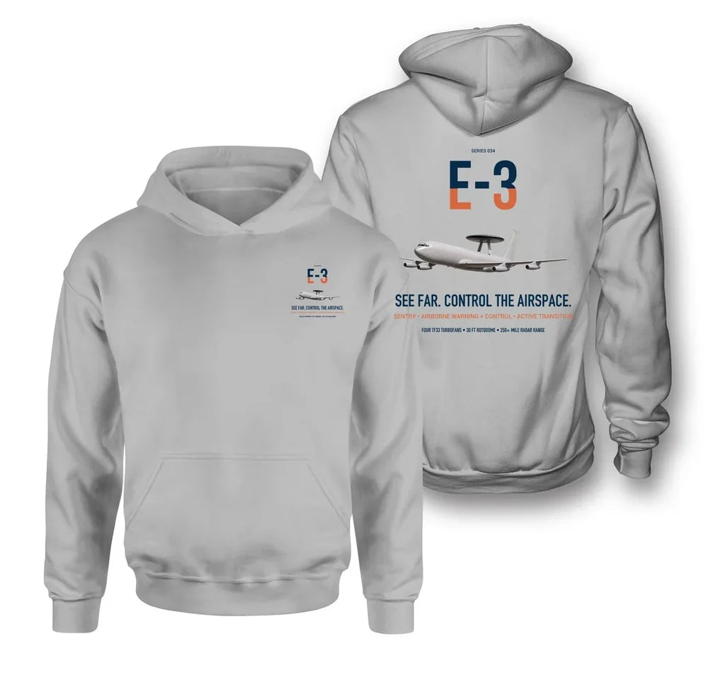 E-3 Sentry AWACS design on light gray double-side hoodie, double-side print
