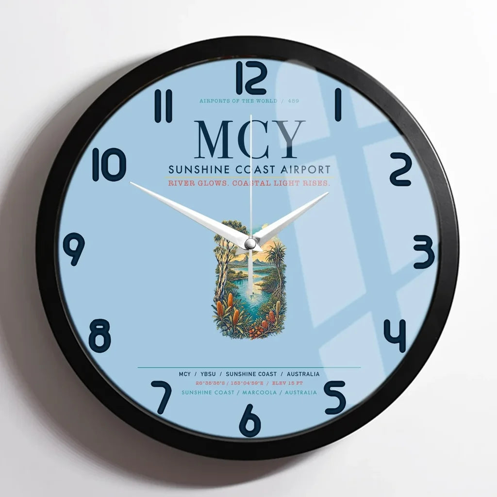 Sunshine Coast Airport (MCY) design on light blue framed wall clock