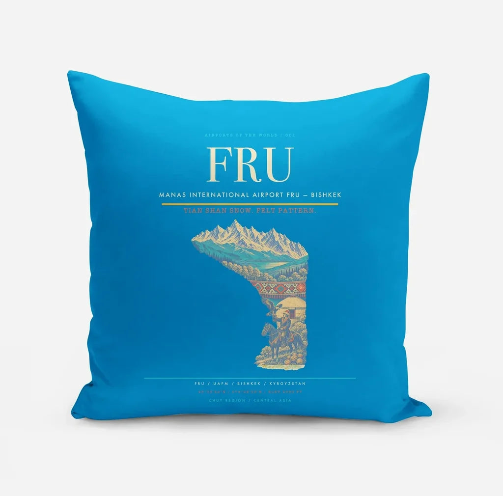 Manas International Airport (FRU) design on turquoise pillow
