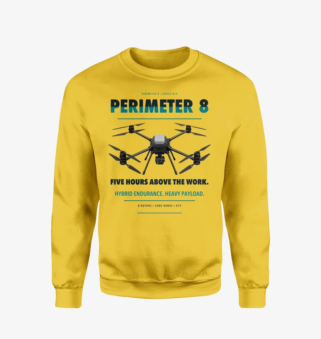 Skyfront Perimeter 8 design on yellow sweatshirt
