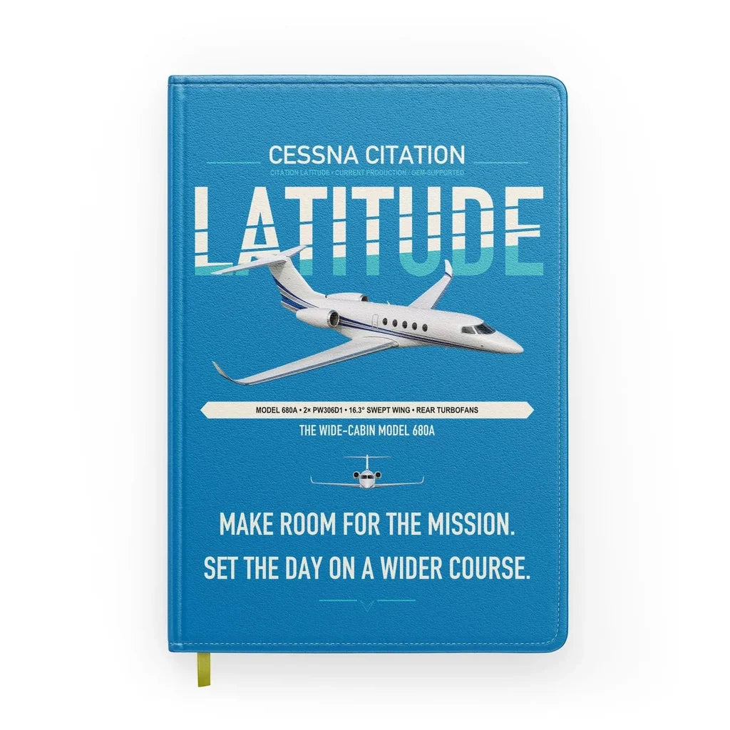 Cessna Citation Latitude design on turquoise notebook