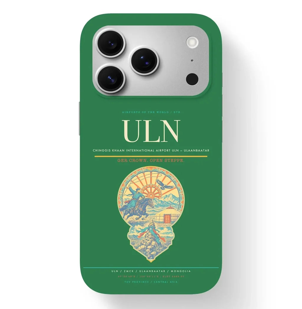 Ulaanbaatar Airport (ULN) design on green iPhone 17 Pro MagSafe case