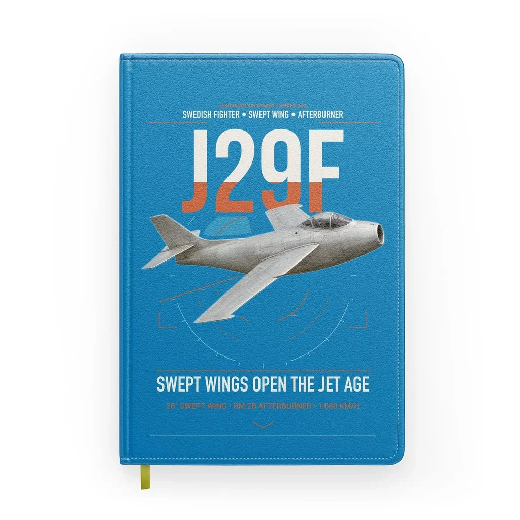 Saab J 29F Tunnan design on turquoise notebook