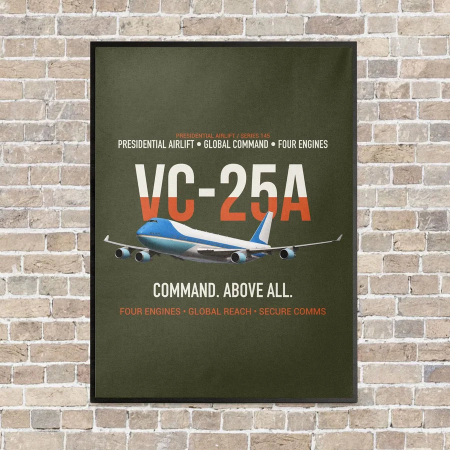 VC-25A Air Force One Presidential Airlift vertical canvas print - framed - green army background