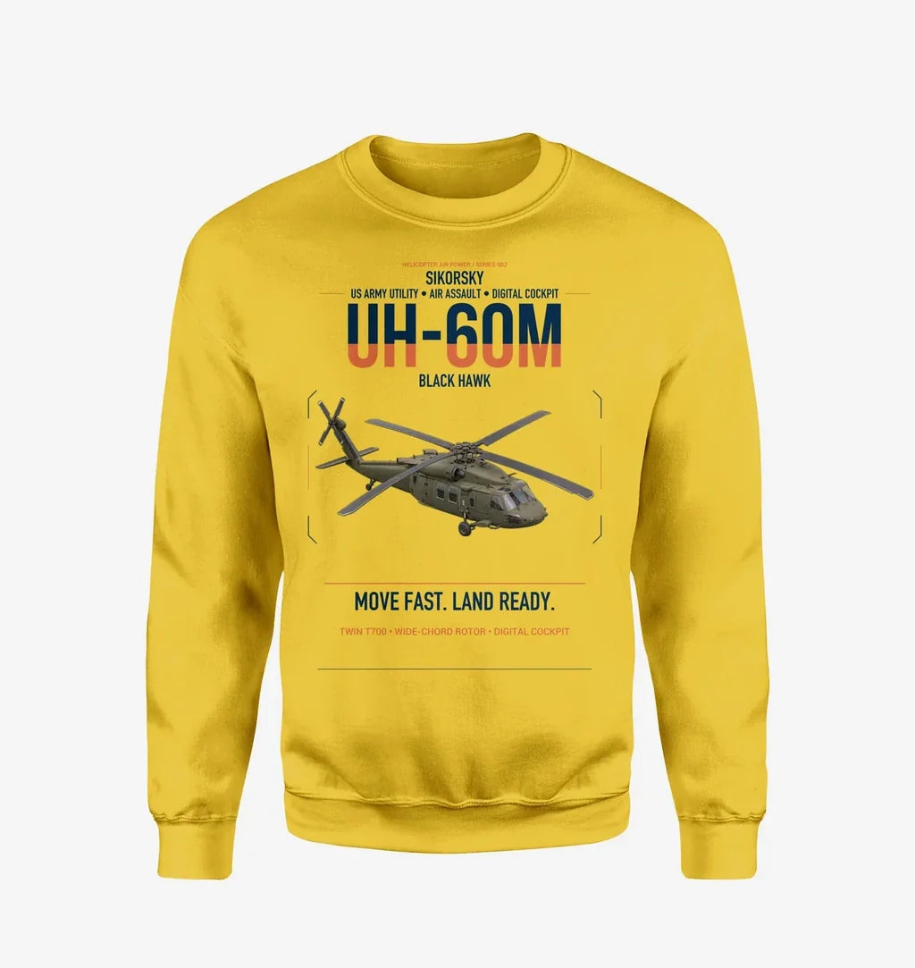 Sikorsky UH-60M Black Hawk design on yellow sweatshirt