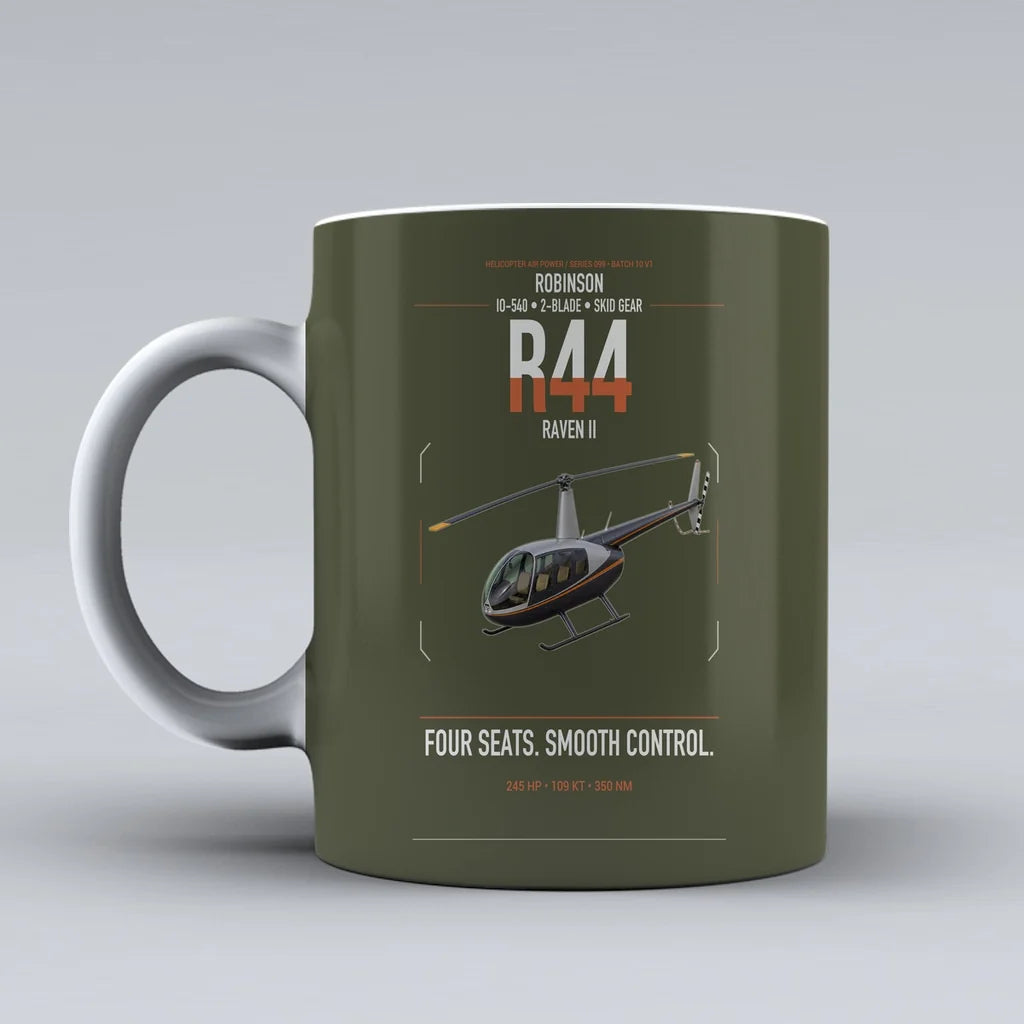Robinson R44 Raven II design on green army ceramic mug, double-side print