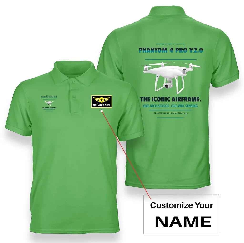 DJI Phantom 4 Pro V2.0 design on light green polo with custom name badge