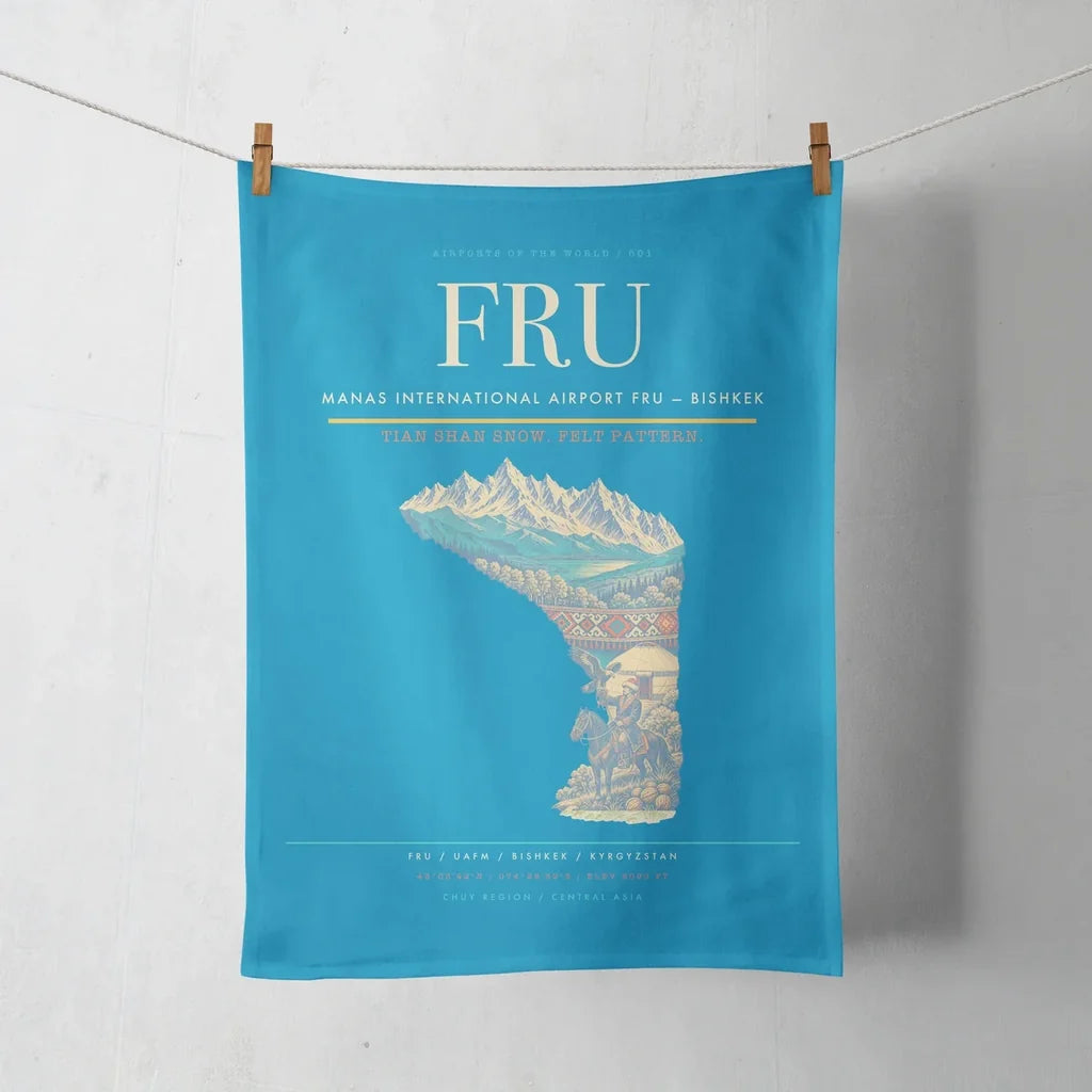 Manas International Airport (FRU) design on turquoise towel