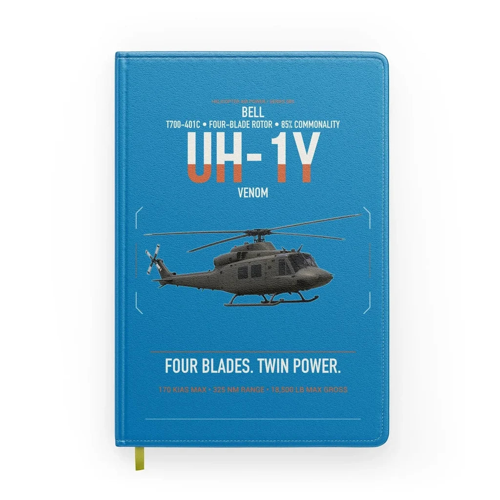 Bell UH-1Y Venom design on turquoise notebook