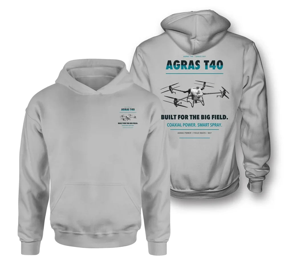 DJI Agras T40 design on light gray hoodie
