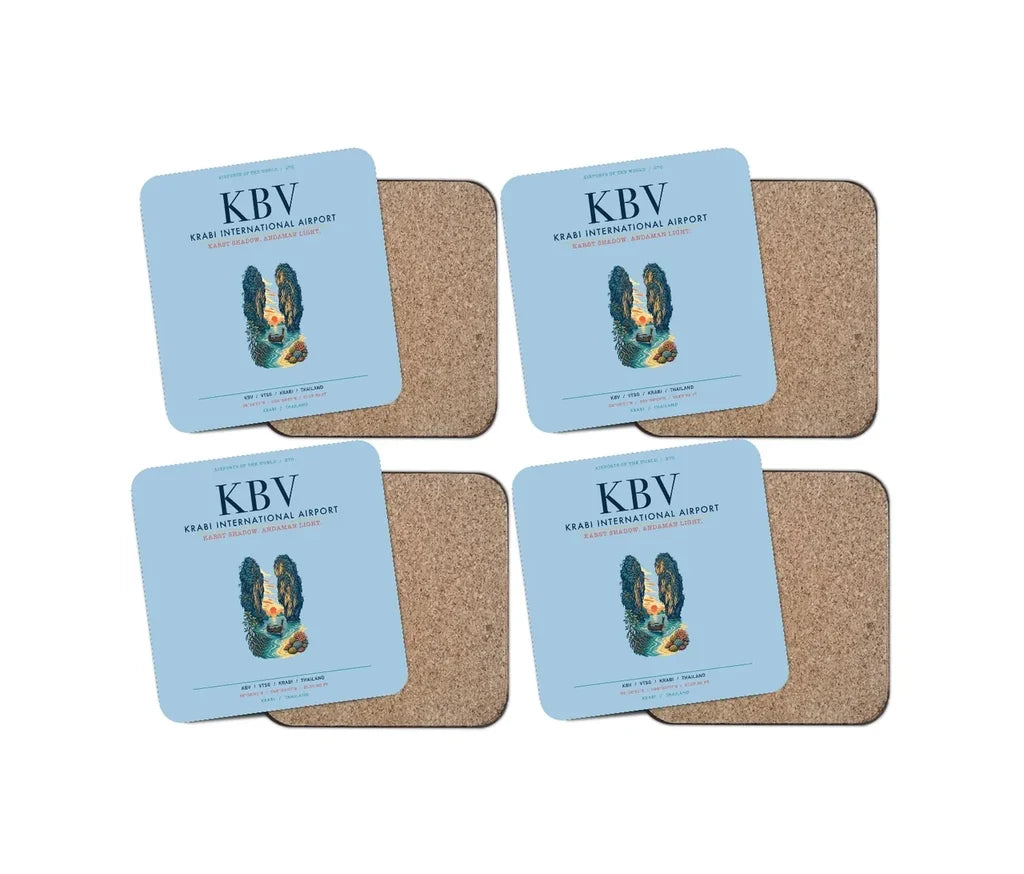 Krabi International Airport (KBV) design on light blue 4 pieces set coaster