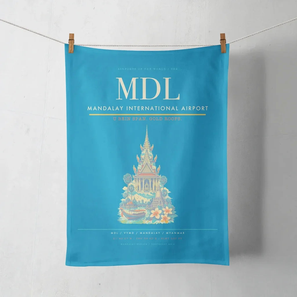 Mandalay International Airport (MDL) design on turquoise towel