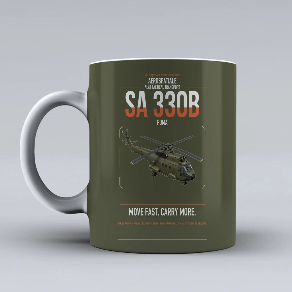 Aérospatiale SA 330B Puma design on green army ceramic mug, double-side print