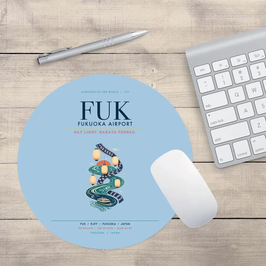 Fukuoka Airport (FUK) design on light blue round mouse pad