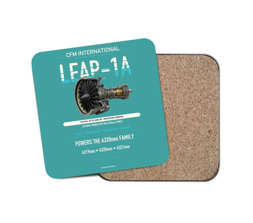 CFM LEAP-1A design on turquoise 1 piece coaster