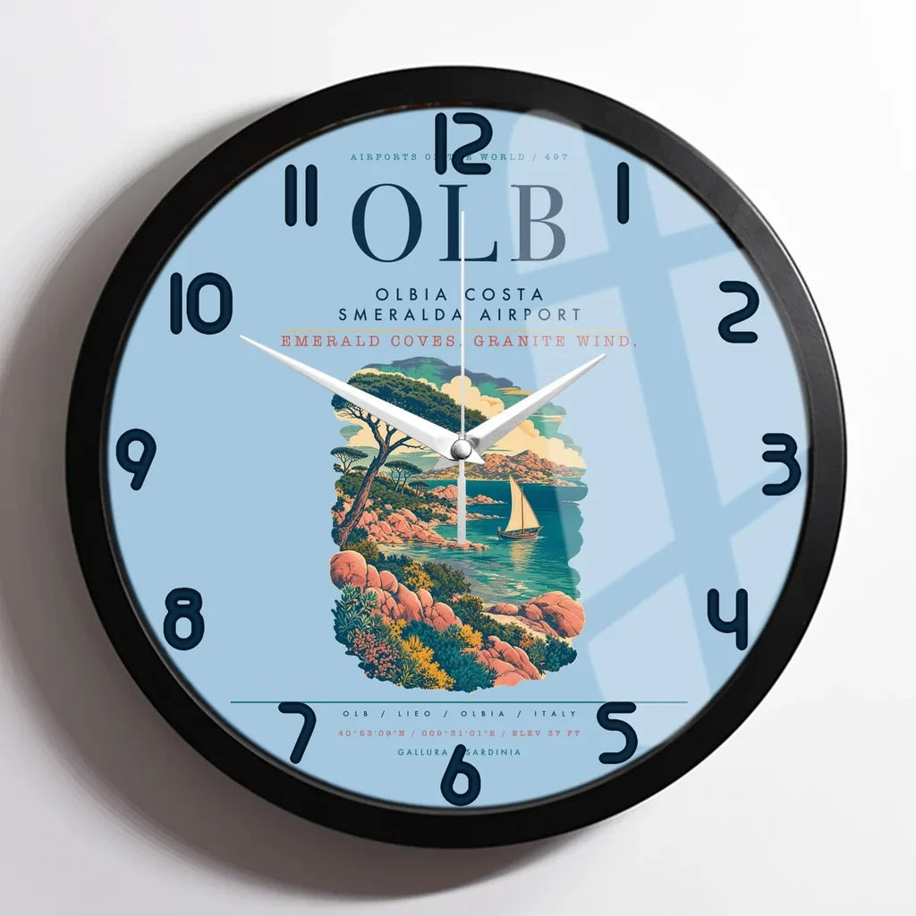 Olbia Costa Smeralda Airport (OLB) design on light blue framed wall clock