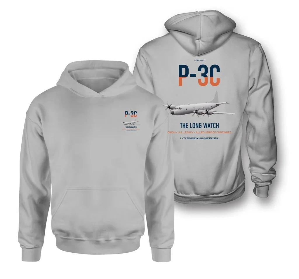 P-3C Orion design on light gray double-side hoodie, double-side print