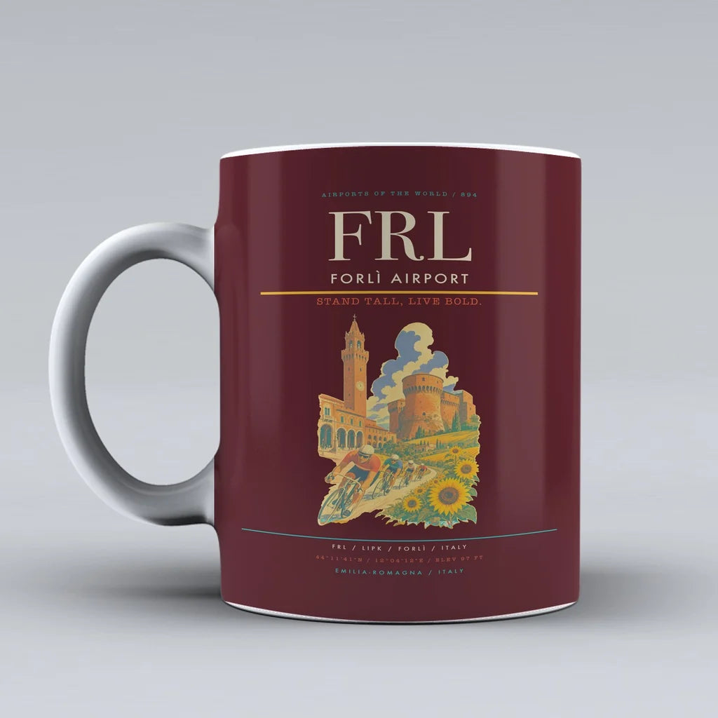 Forlì Airport (FRL) airport code design on dark red ceramic mug