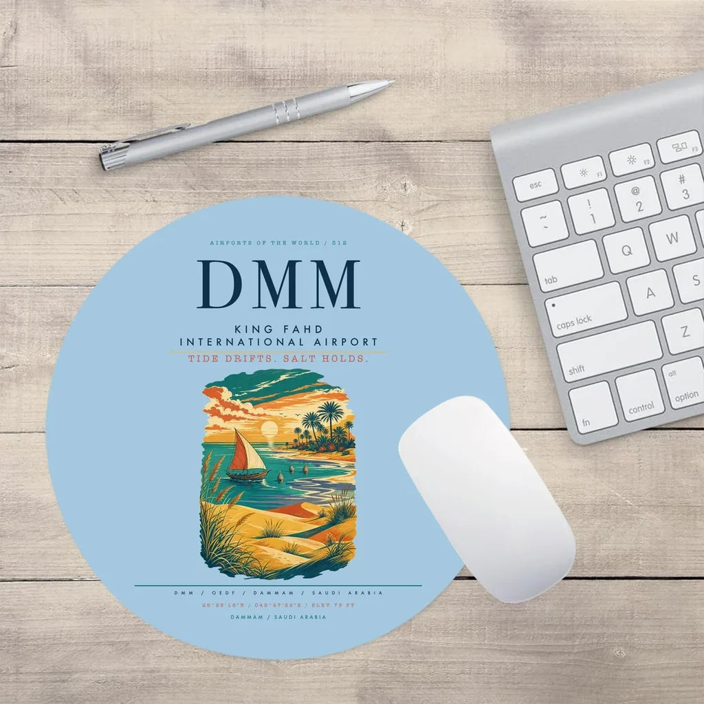 King Fahd International Airport (DMM) design on light blue round mouse pad