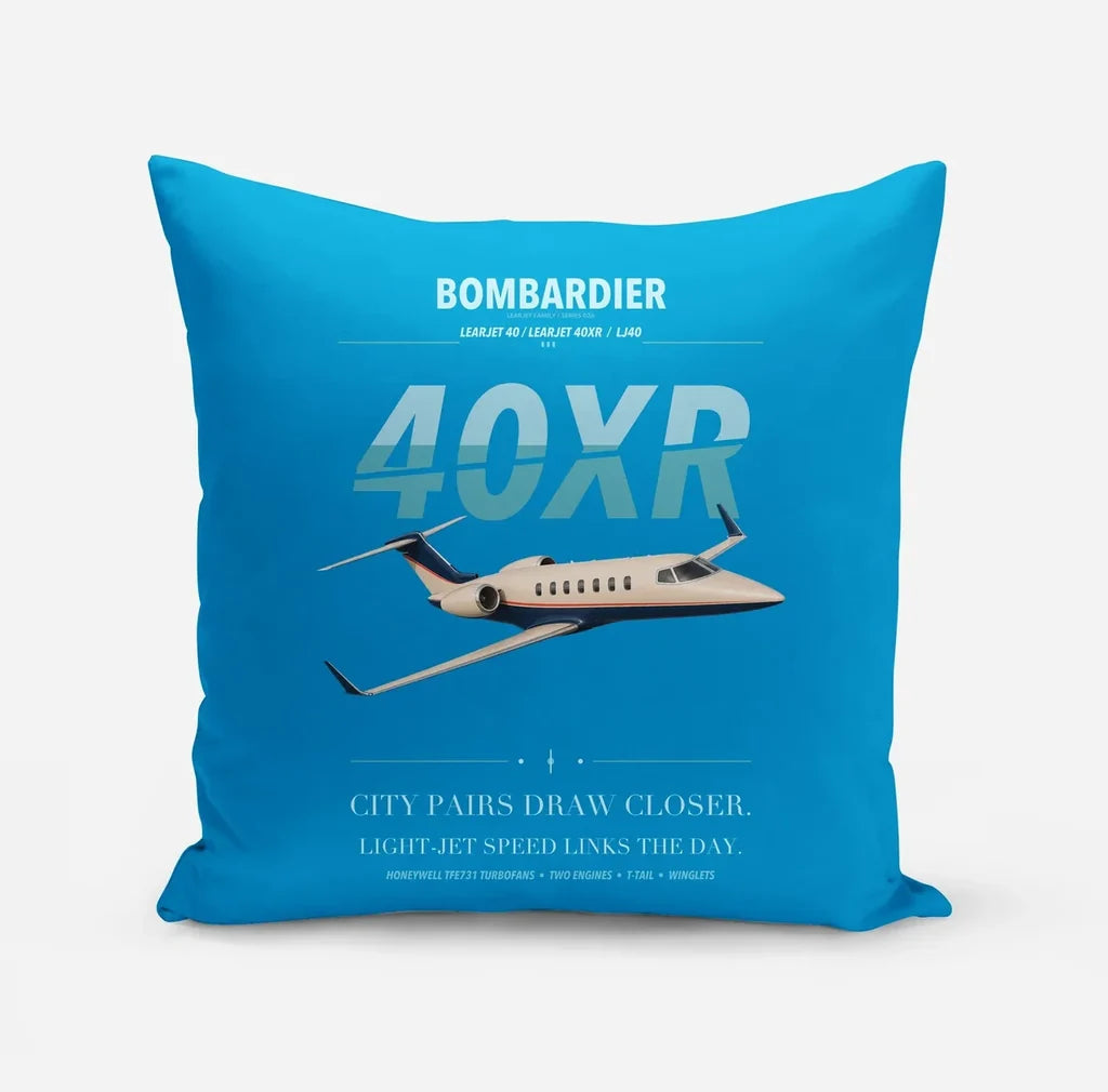 Bombardier Learjet 40XR design on turquoise pillow