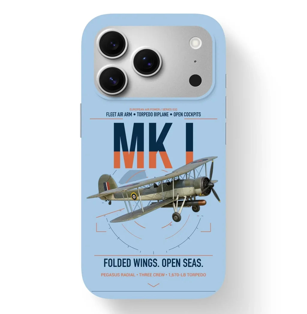 Fairey Swordfish Mk I design on light blue magsafe iphone case, for iPhone 17 Pro